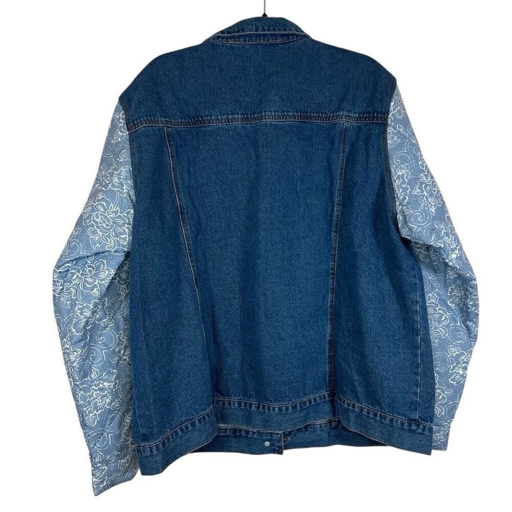 NEW Like Love 2XL Denim Jacket with Quilted Floral Sleeves Blue Jean Button Up - Picture 4 of 5